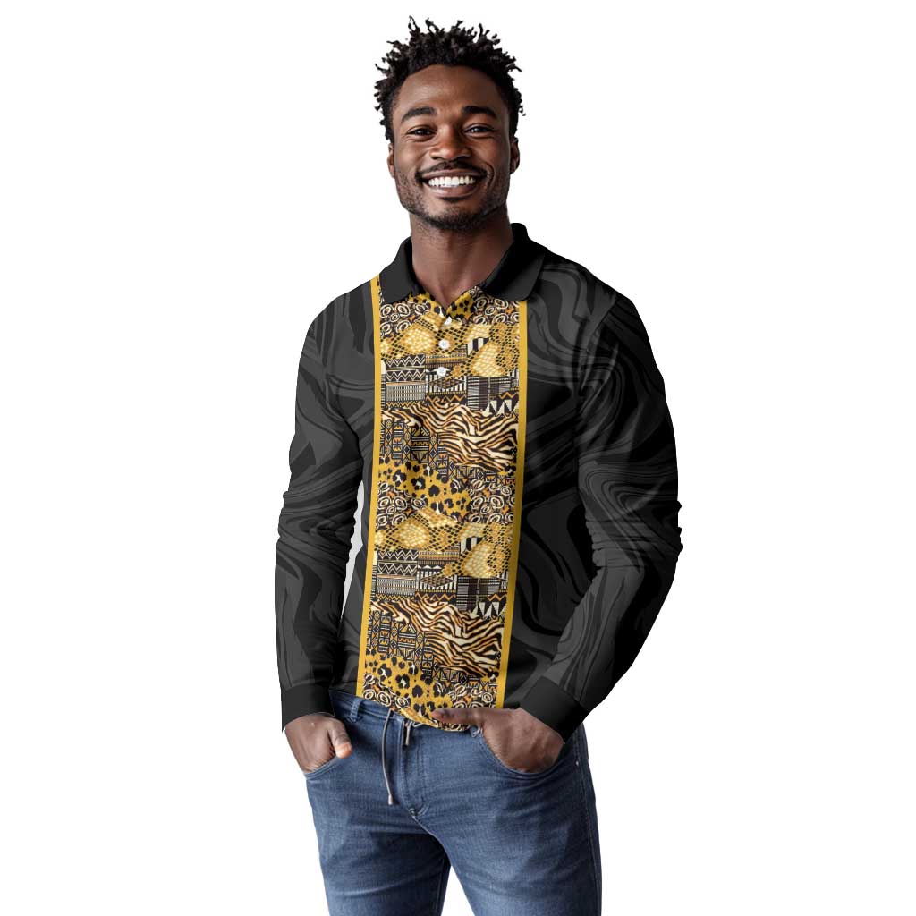 African Tribal Heritage Long Sleeve Polo Shirt Black Gold Pattern