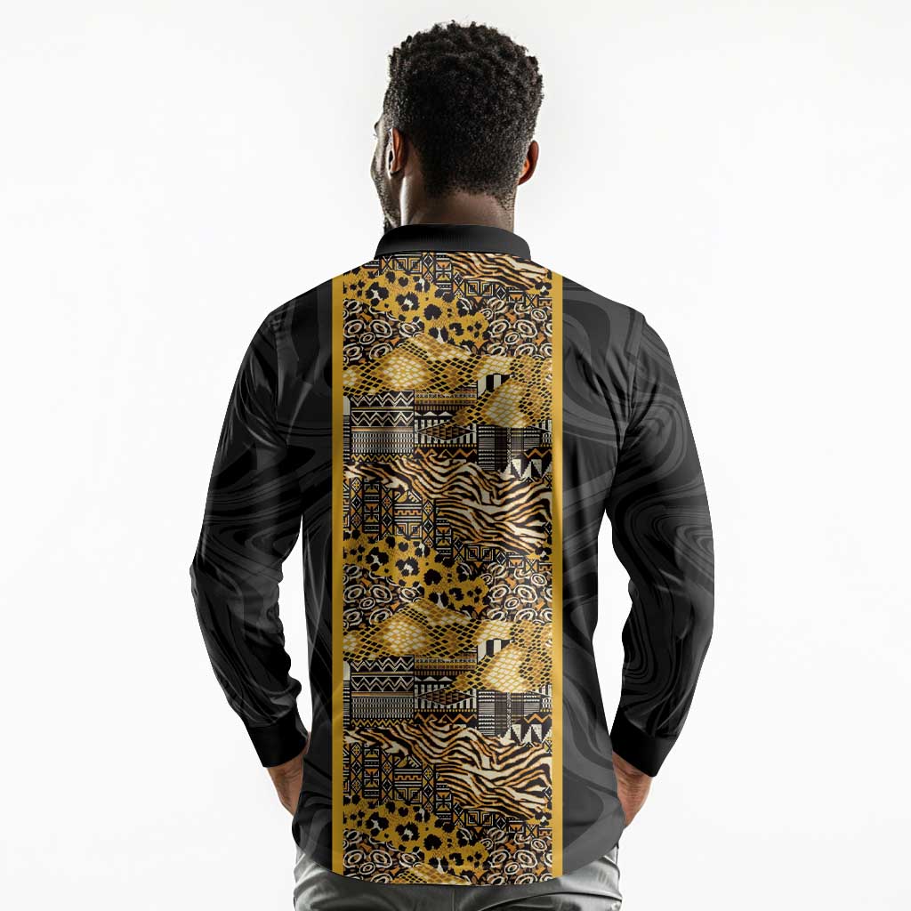 African Tribal Heritage Long Sleeve Polo Shirt Black Gold Pattern