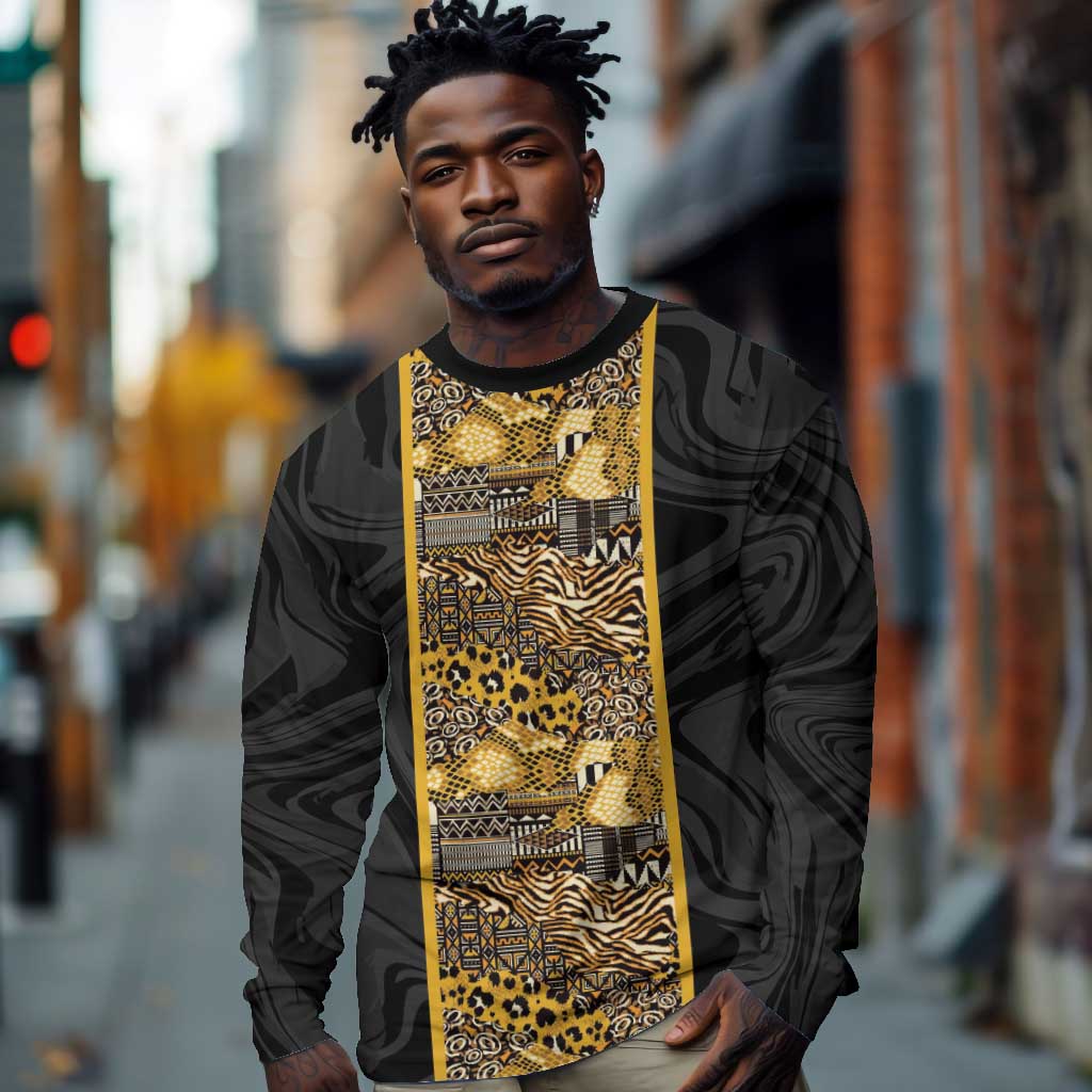African Tribal Heritage Long Sleeve Shirt Black Gold Pattern