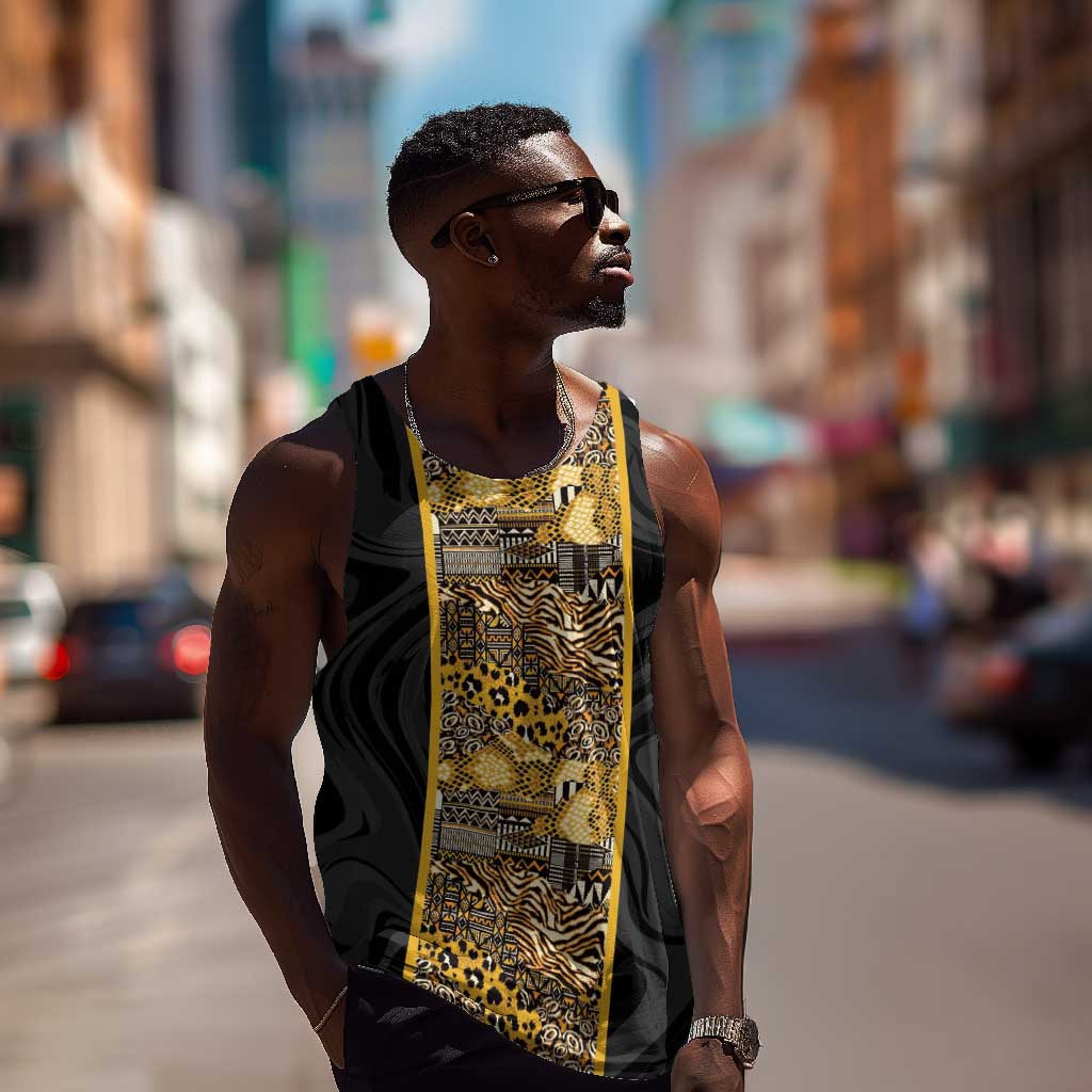 African Tribal Heritage Men Tank Top Black Gold Pattern