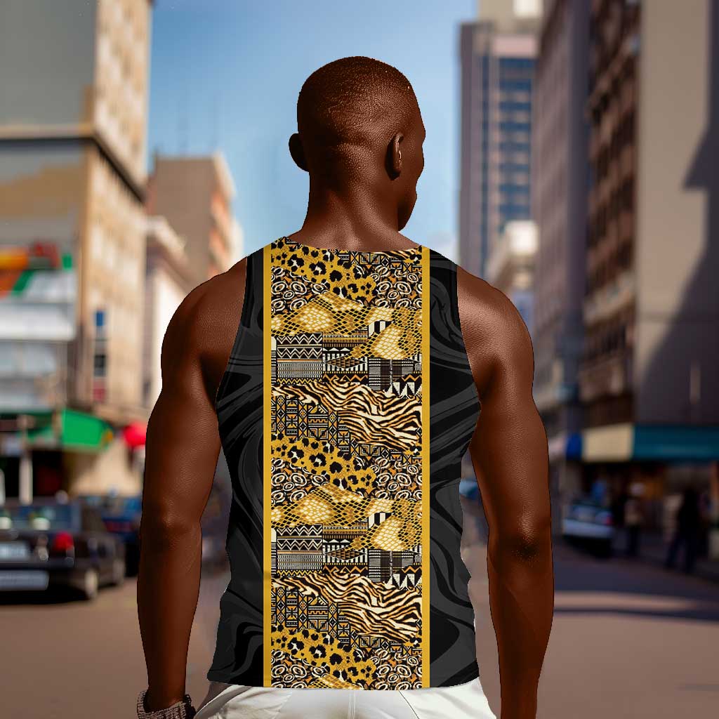 African Tribal Heritage Men Tank Top Black Gold Pattern