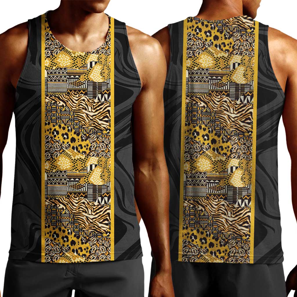 African Tribal Heritage Men Tank Top Black Gold Pattern