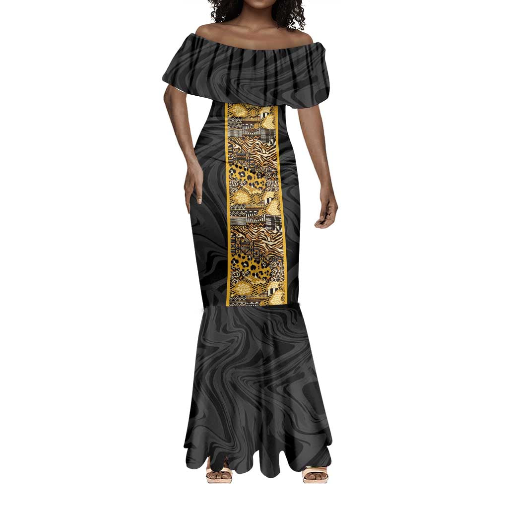 African Tribal Heritage Mermaid Dress Black Gold Pattern
