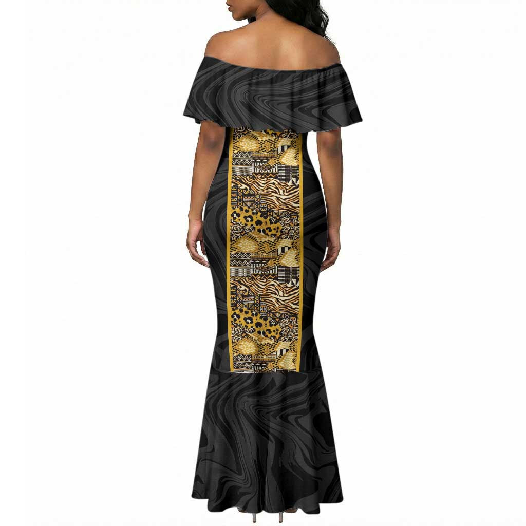 African Tribal Heritage Mermaid Dress Black Gold Pattern