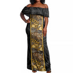 African Tribal Heritage Off Shoulder Maxi Dress Black Gold Pattern