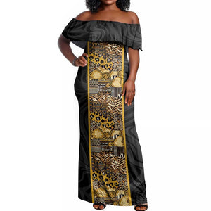 African Tribal Heritage Off Shoulder Maxi Dress Black Gold Pattern