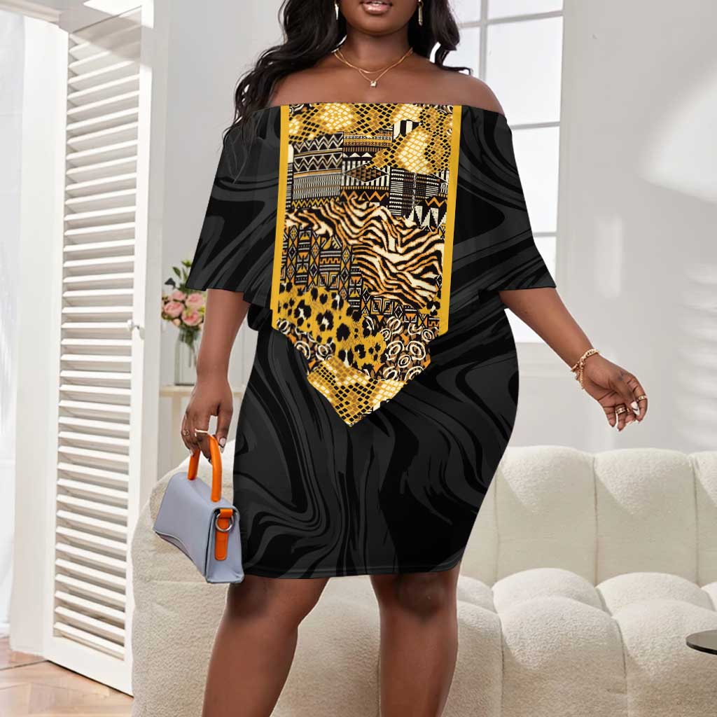 African Tribal Heritage Off Shoulder Short Dress Black Gold Pattern