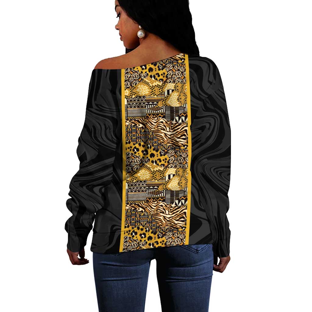 African Tribal Heritage Off Shoulder Sweater Black Gold Pattern