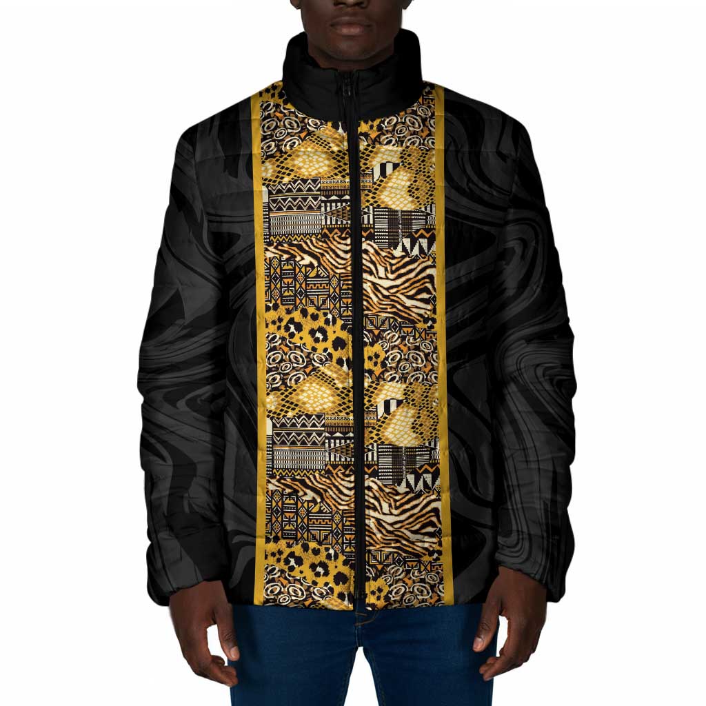 African Tribal Heritage Padded Jacket Black Gold Pattern