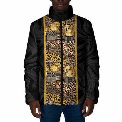 African Tribal Heritage Padded Jacket Black Gold Pattern