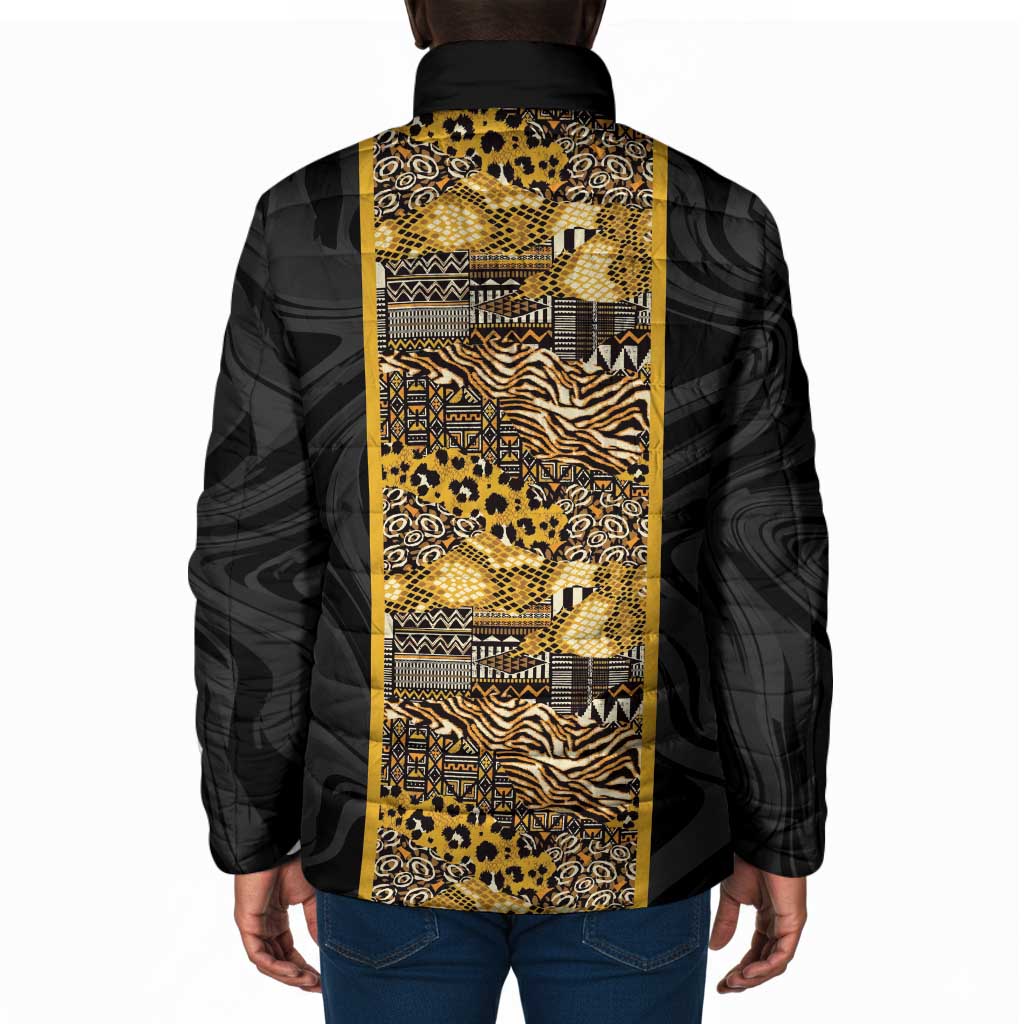 African Tribal Heritage Padded Jacket Black Gold Pattern