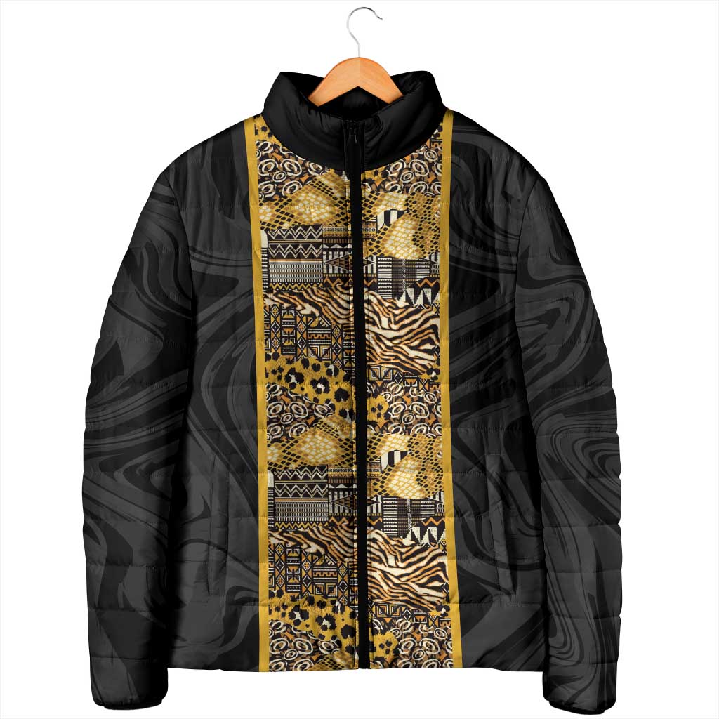 African Tribal Heritage Padded Jacket Black Gold Pattern