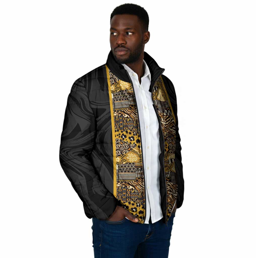 African Tribal Heritage Padded Jacket Black Gold Pattern