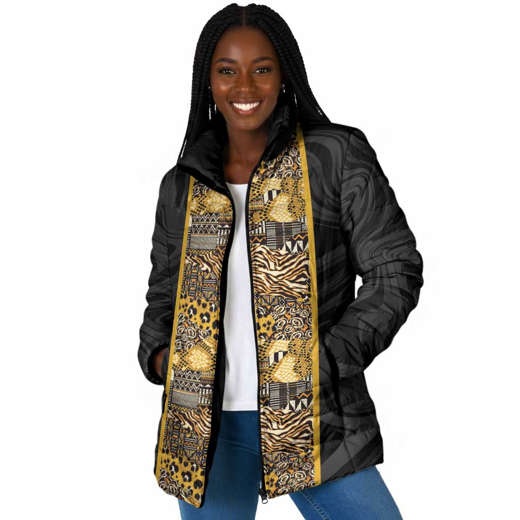 African Tribal Heritage Padded Jacket Black Gold Pattern