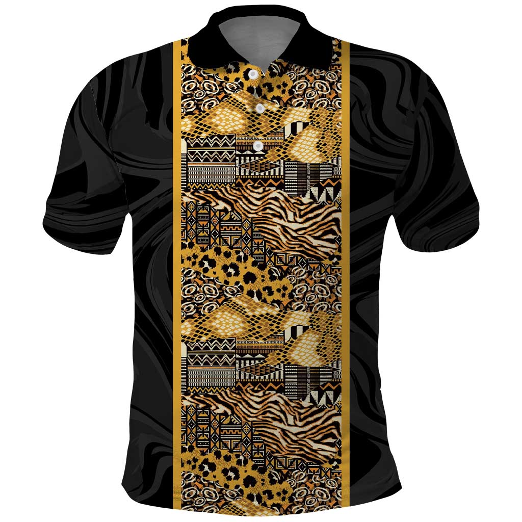 African Tribal Heritage Polo Shirt Black Gold Pattern