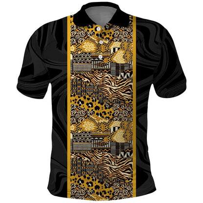 African Tribal Heritage Polo Shirt Black Gold Pattern