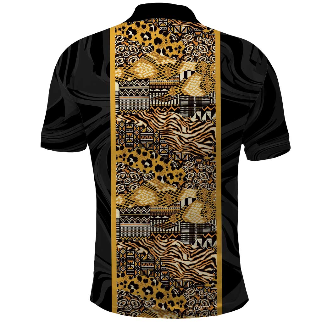 African Tribal Heritage Polo Shirt Black Gold Pattern