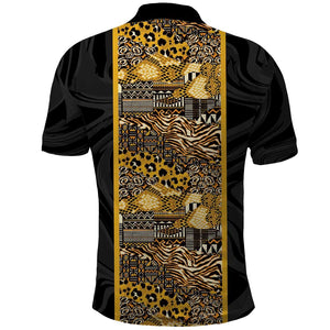 African Tribal Heritage Polo Shirt Black Gold Pattern