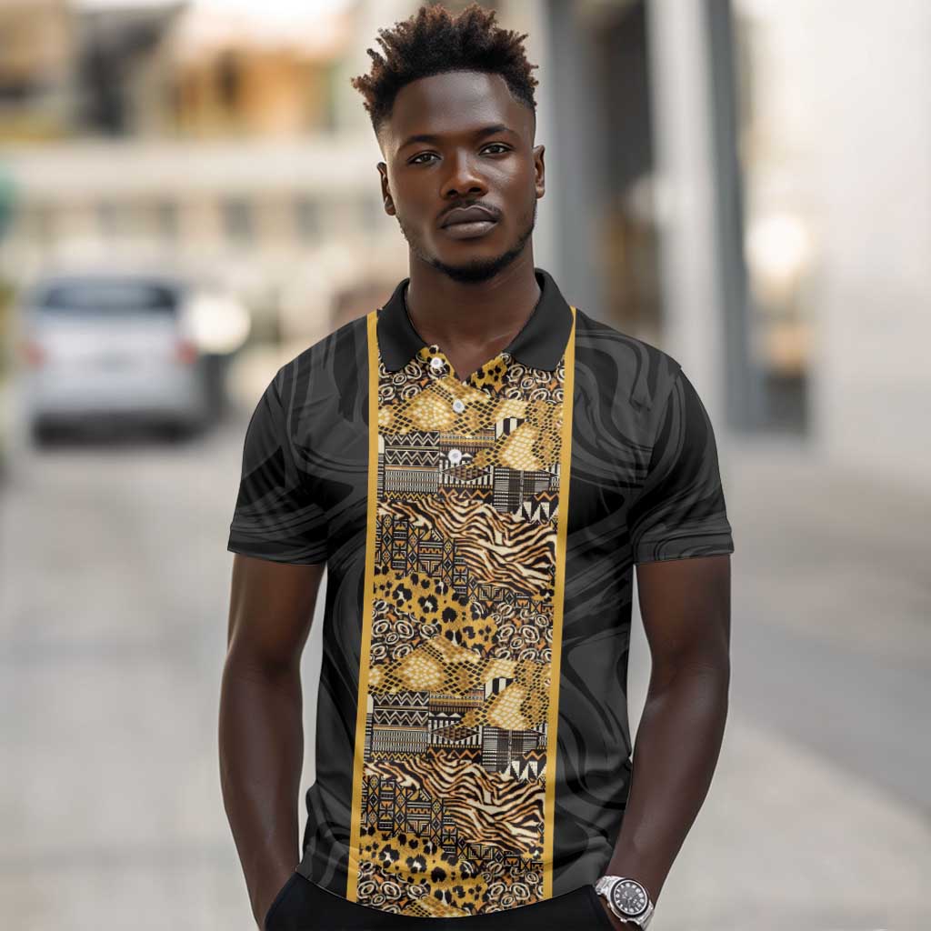 African Tribal Heritage Polo Shirt Black Gold Pattern