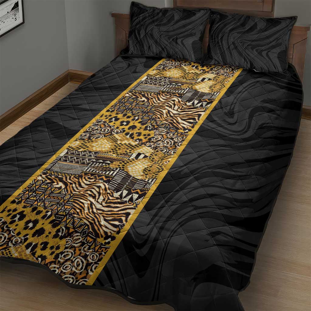 African Tribal Heritage Quilt Bed Set Black Gold Pattern