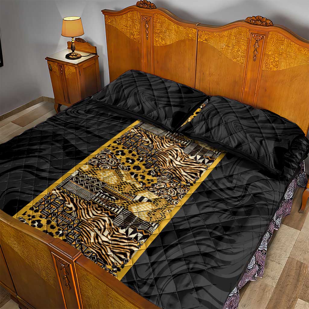 African Tribal Heritage Quilt Bed Set Black Gold Pattern