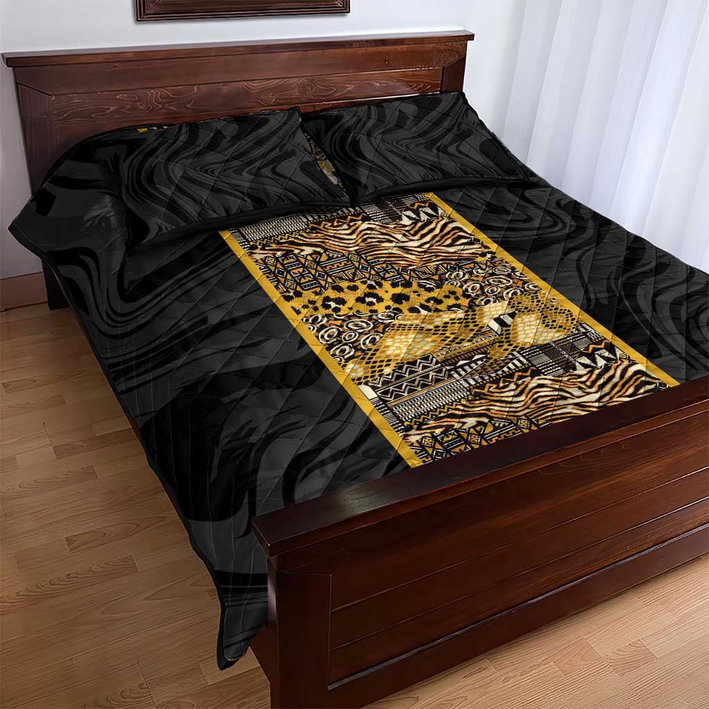 African Tribal Heritage Quilt Bed Set Black Gold Pattern