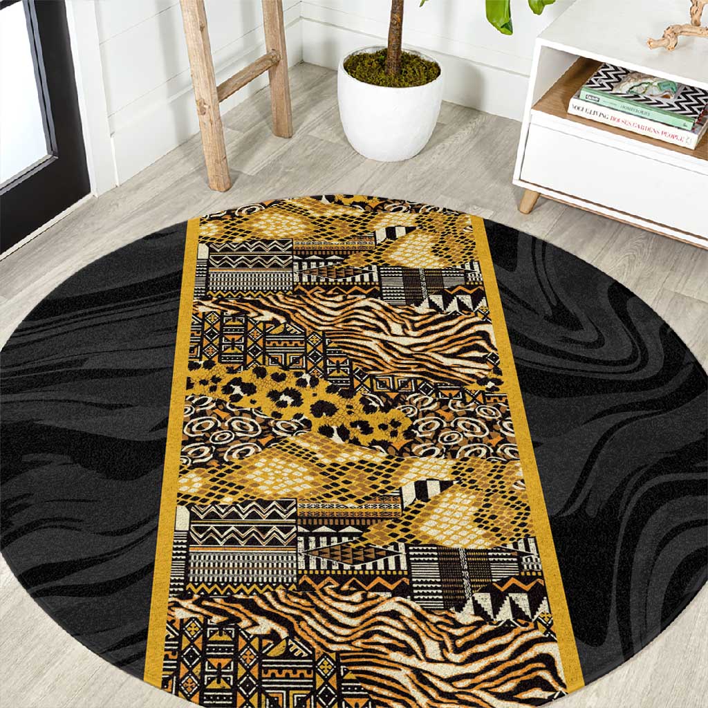 African Tribal Heritage Round Carpet Black Gold Pattern