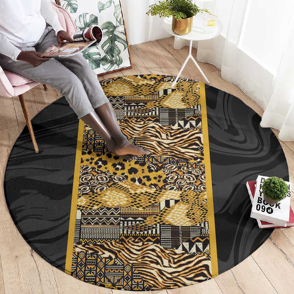 African Tribal Heritage Round Carpet Black Gold Pattern