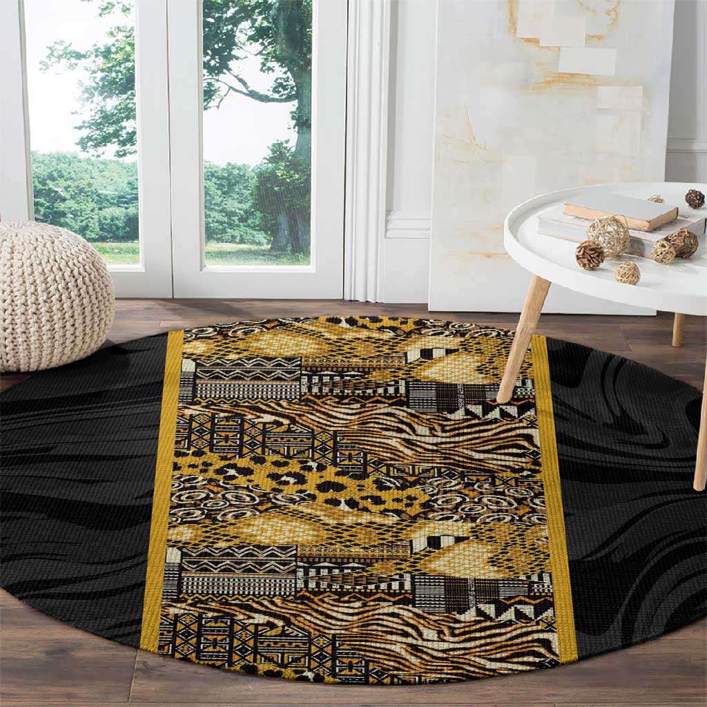 African Tribal Heritage Round Carpet Black Gold Pattern