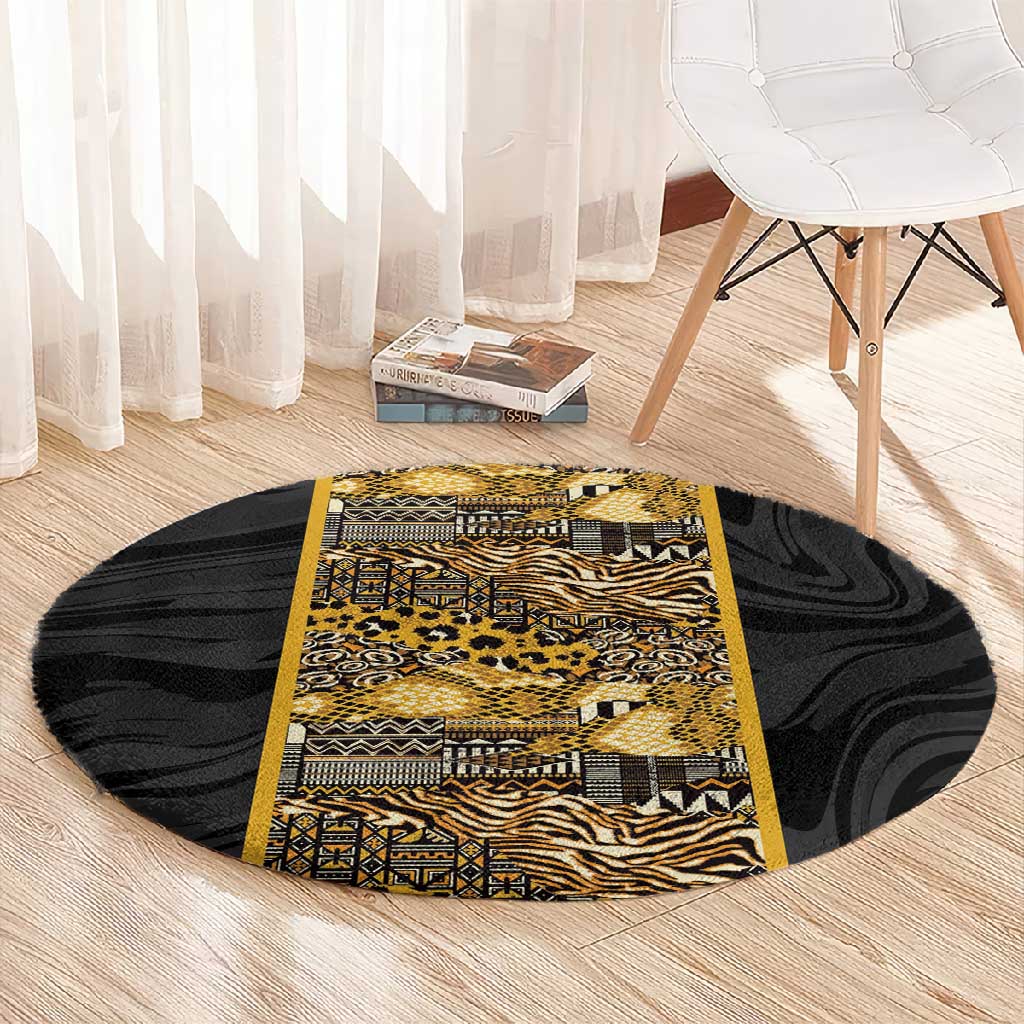 African Tribal Heritage Round Carpet Black Gold Pattern
