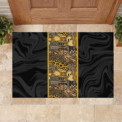 African Tribal Heritage Rubber Doormat Black Gold Pattern