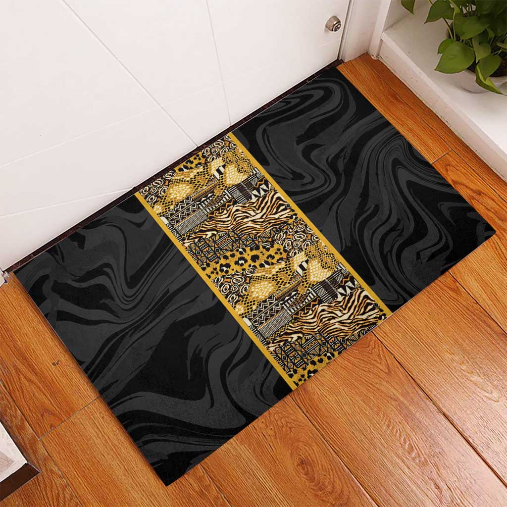 African Tribal Heritage Rubber Doormat Black Gold Pattern