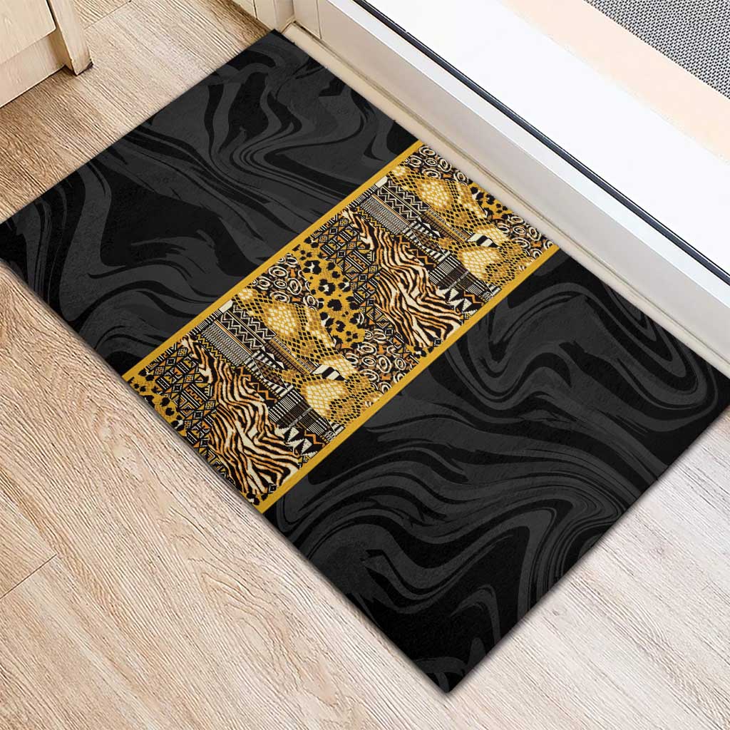 African Tribal Heritage Rubber Doormat Black Gold Pattern