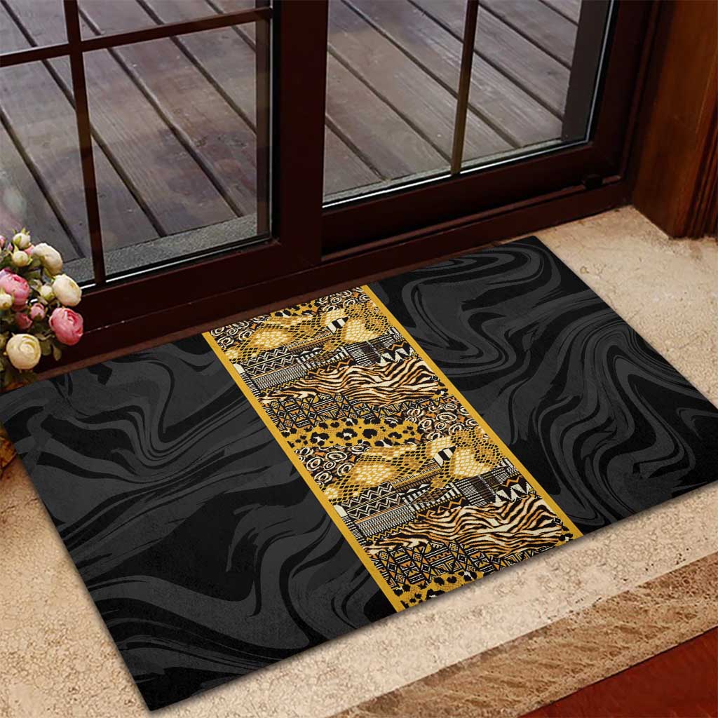 African Tribal Heritage Rubber Doormat Black Gold Pattern