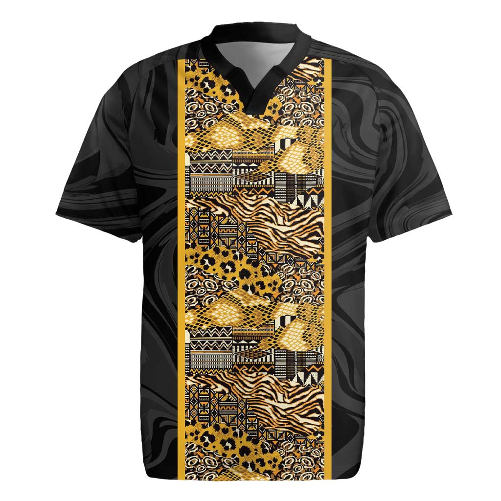 African Tribal Heritage Rugby Jersey Black Gold Pattern