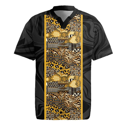 African Tribal Heritage Rugby Jersey Black Gold Pattern