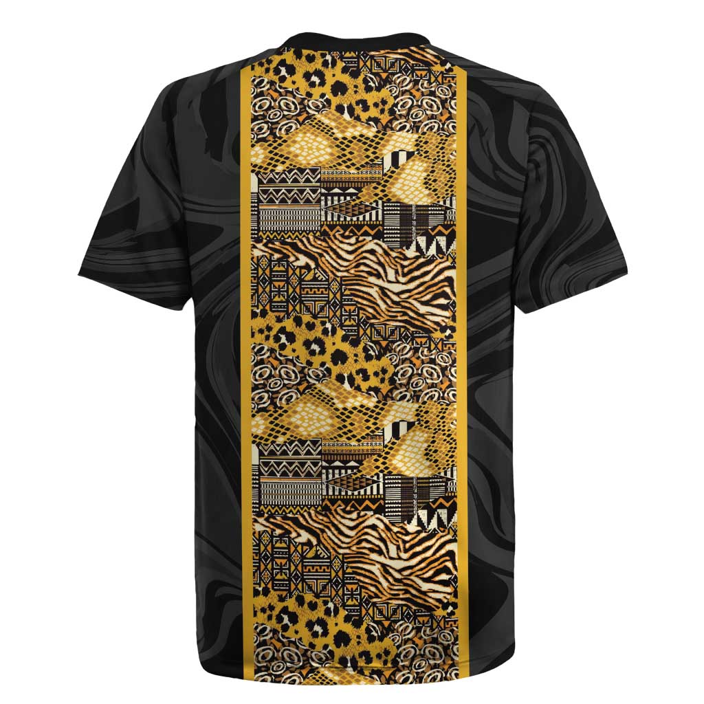 African Tribal Heritage Rugby Jersey Black Gold Pattern