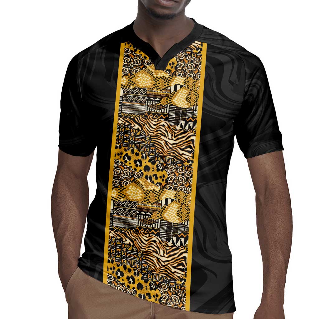 African Tribal Heritage Rugby Jersey Black Gold Pattern
