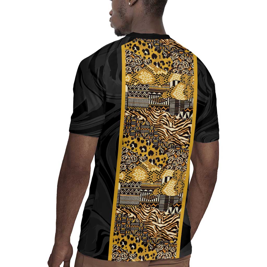 African Tribal Heritage Rugby Jersey Black Gold Pattern