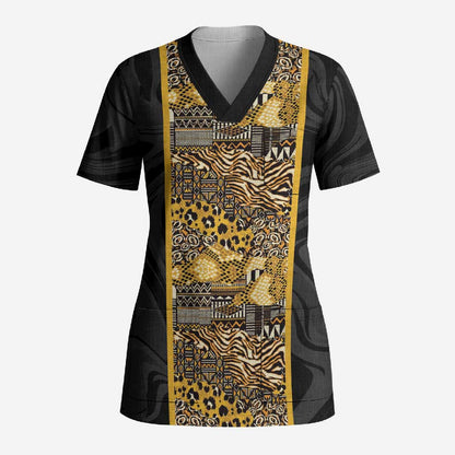 African Tribal Heritage Scrub Top Black Gold Pattern