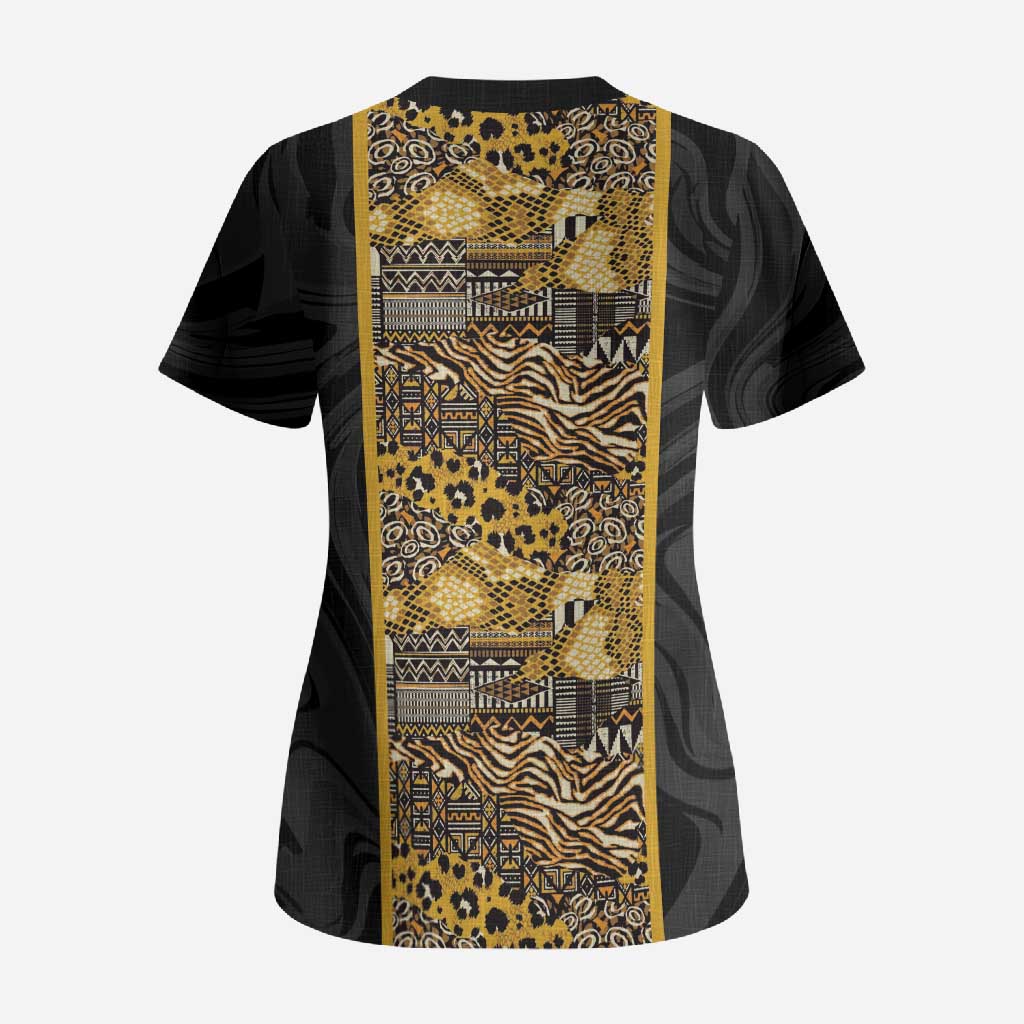 African Tribal Heritage Scrub Top Black Gold Pattern