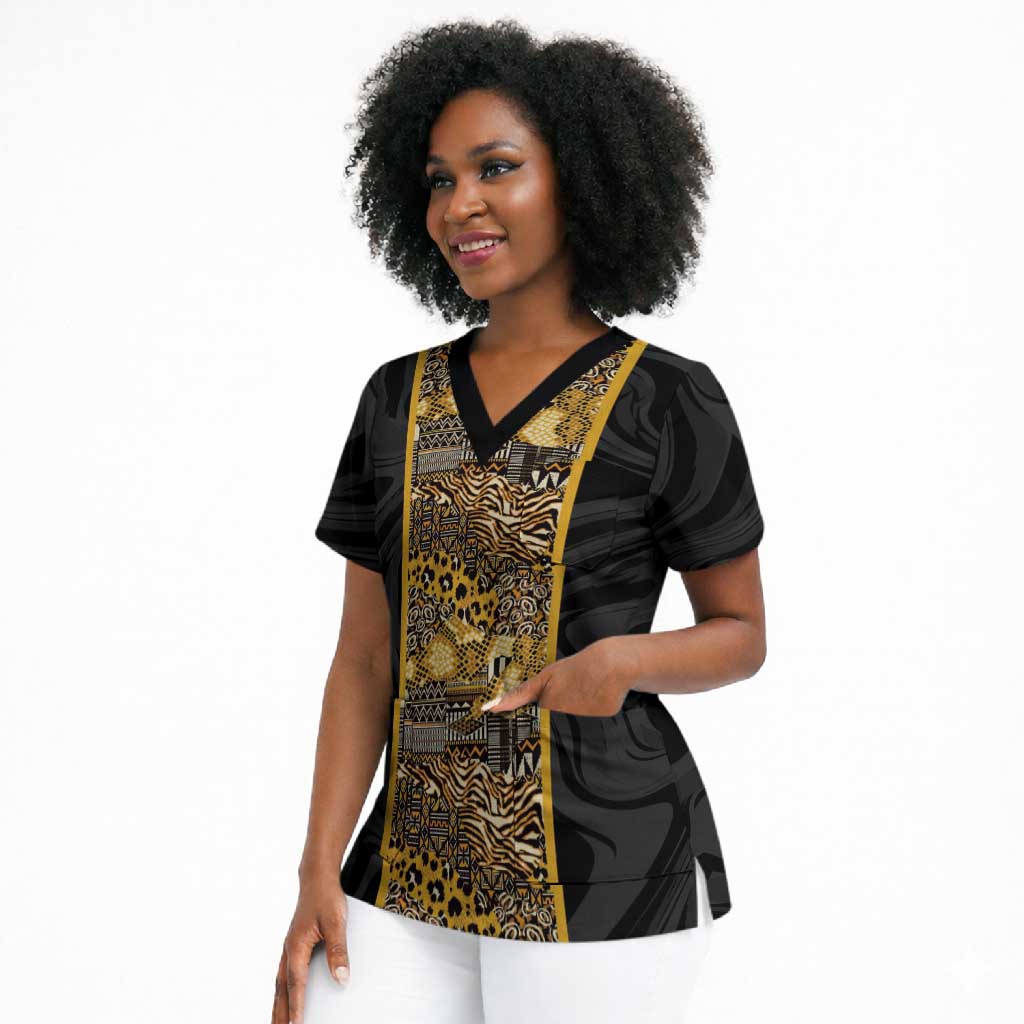 African Tribal Heritage Scrub Top Black Gold Pattern