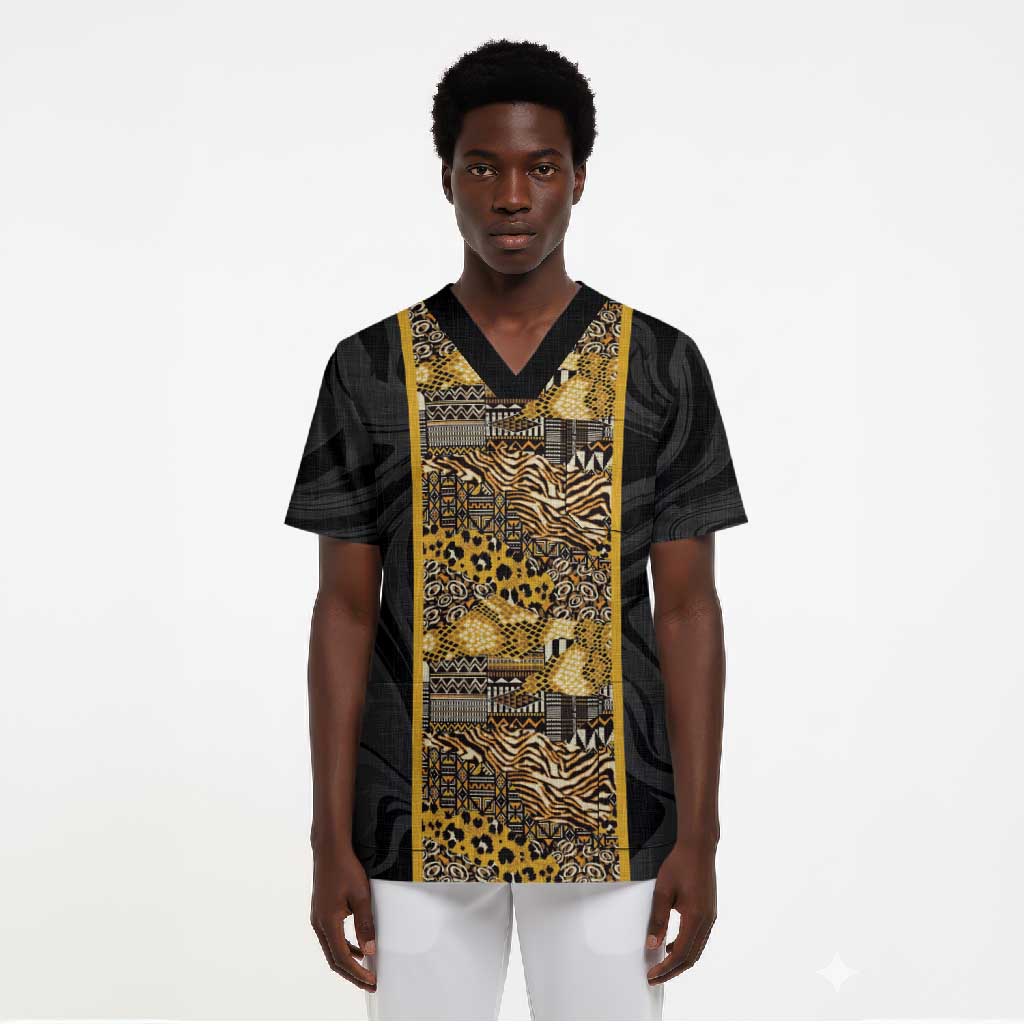 African Tribal Heritage Scrub Top Black Gold Pattern