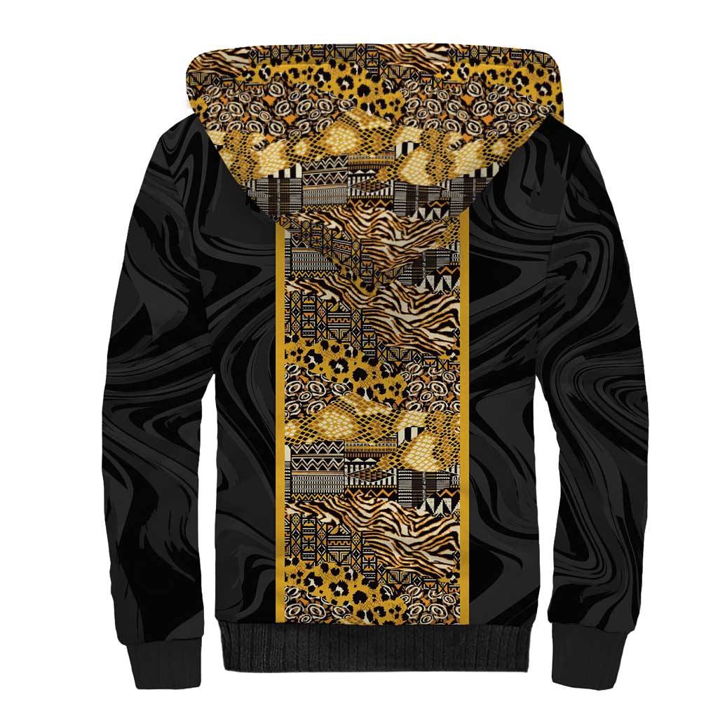 African Tribal Heritage Sherpa Hoodie Black Gold Pattern