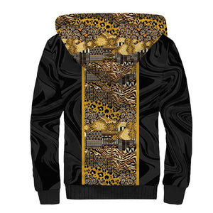 African Tribal Heritage Sherpa Hoodie Black Gold Pattern