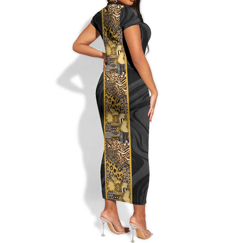 African Tribal Heritage Short Sleeve Bodycon Dress Black Gold Pattern
