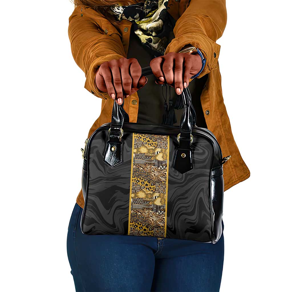 African Tribal Heritage Shoulder Handbag Black Gold Pattern