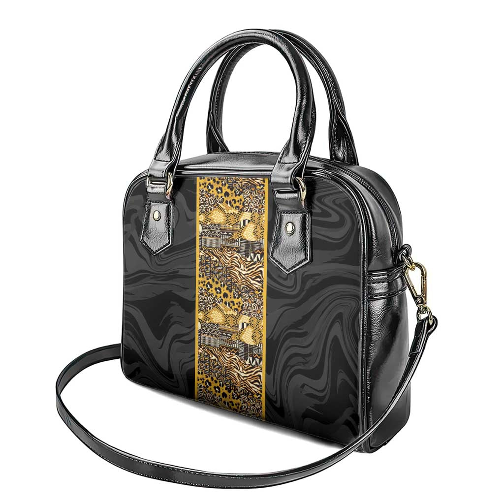 African Tribal Heritage Shoulder Handbag Black Gold Pattern