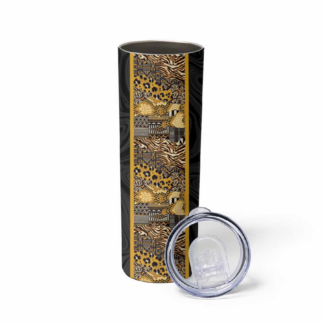 African Tribal Heritage Skinny Tumbler Black Gold Pattern