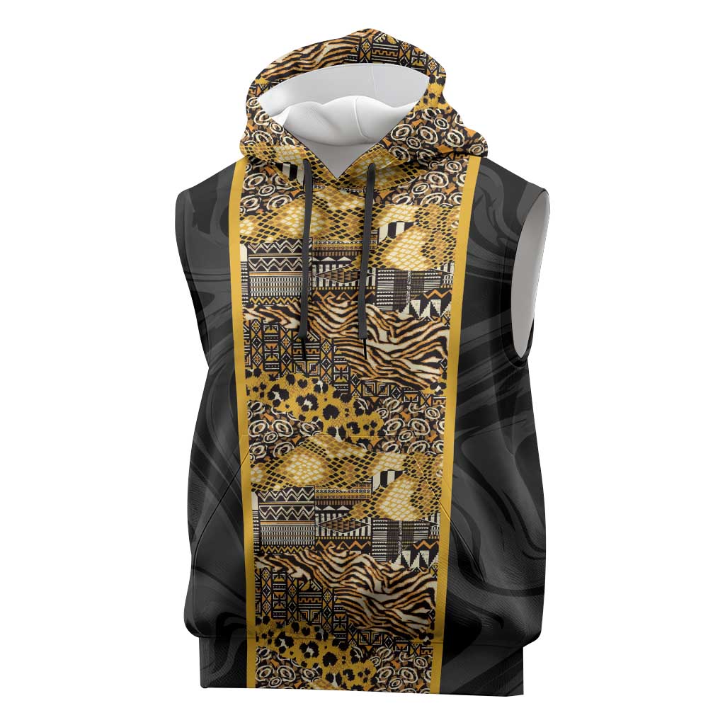 African Tribal Heritage Sleeveless Hoodie Black Gold Pattern
